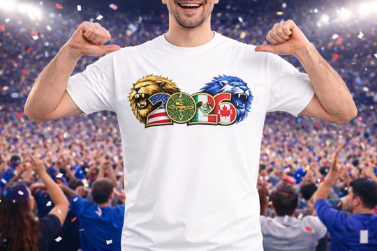 Discover World Football 2026 Lion T-Shirt, USA Mexico Canada Soccer Tee