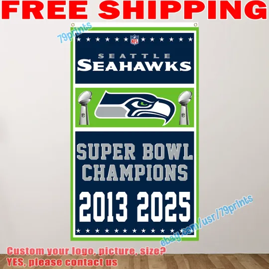 Discover Seattle Seahawkss Super B.owl LIX Champions 2 Time Banner Flag 3x5' football 2013 2025