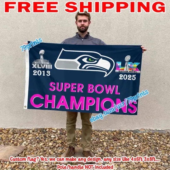 Discover Seattle Seahawkss Super B.owl LIX Champions 2 Time Flag Banner 3x5' football 2025 2026
