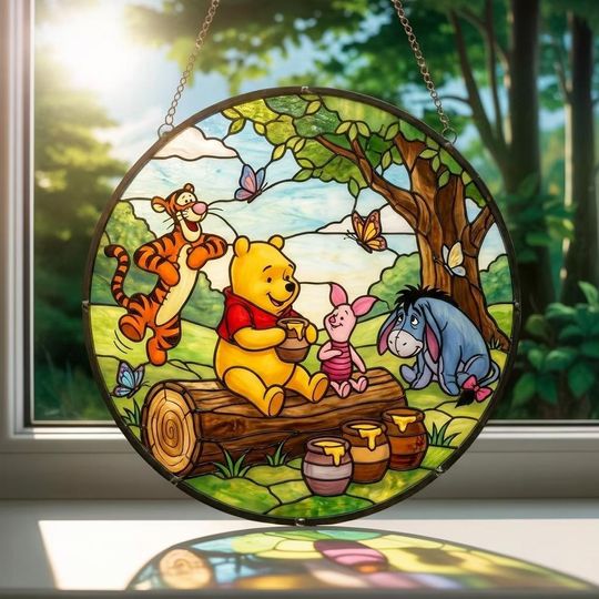 Discover Winnie the Pooh Stained Glass Suncatcher, Pooh and Friends, Disney Pooh Bear Nursery Decor Gift, Pooh LightCatcher Art
