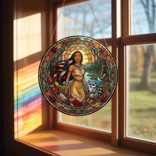 Discover Pocahontas Stained Glass Suncatcher, Disney Pocahontas Window Art, River & Leaves Decor, Boho Fairytale Sun Catcher Gift