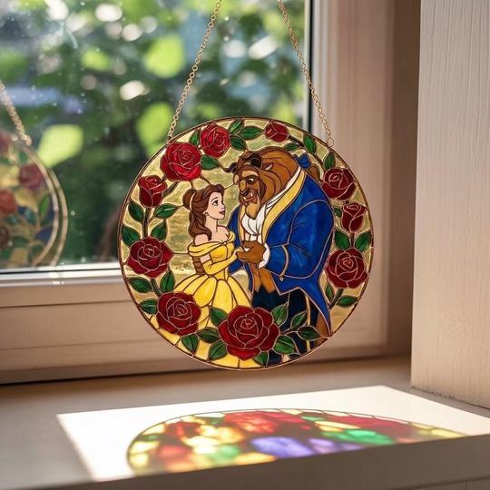 Discover Beauty and the Beast Stained Glass Suncatcher Window Hanging, Belle and Beast Rose Window Decor, Disney Romance Gift