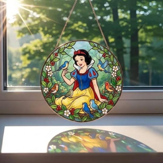 Discover Snow White Stained Glass Suncatcher Round Window Hanging, Disney Princess Bird Forest Window Decor Gift, Disney Window Decor