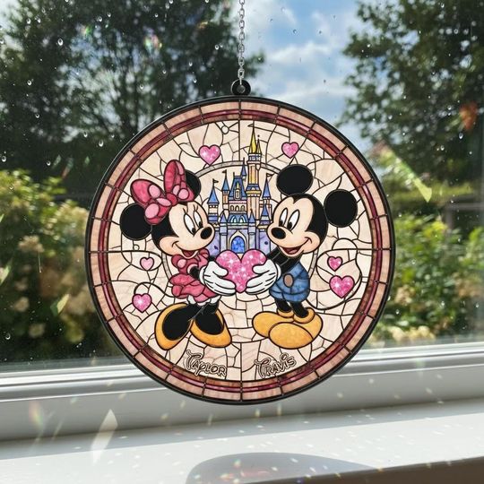 Discover Mickey & Minnie Stained Glass Suncatcher, Disney Mouse Couple Window Art, Romantic Anniversary Decor, Cute Sun Catcher Gift for Fans