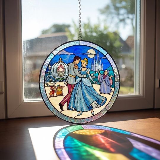 Discover Cinde & Prince Charming Stained Glass Suncatcher, Disney Cinde Couple Art, Romantic Glass Decor Anniversary Gift
