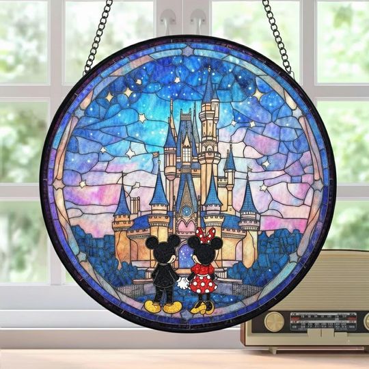 Discover Mickey & Minnie Stained Glass Suncatcher, Disney Couple Window Art, Romantic Mouse Decor, Anniversary Sun Catcher Gift