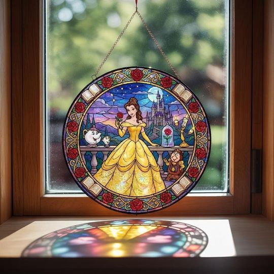Belle Stained Glass Suncatcher, Enchanted Rose Window Art, Romantic Castle Decor, Beauty Anniversary Gift