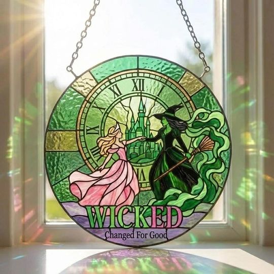 Wicked Elphaba and Glinda Stained Glass Suncatcher, Broadway Musical Window Art