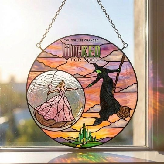 Elphaba and Glinda Oz Witches Stained Glass Suncatcher, Wicked Musical Fan Decor