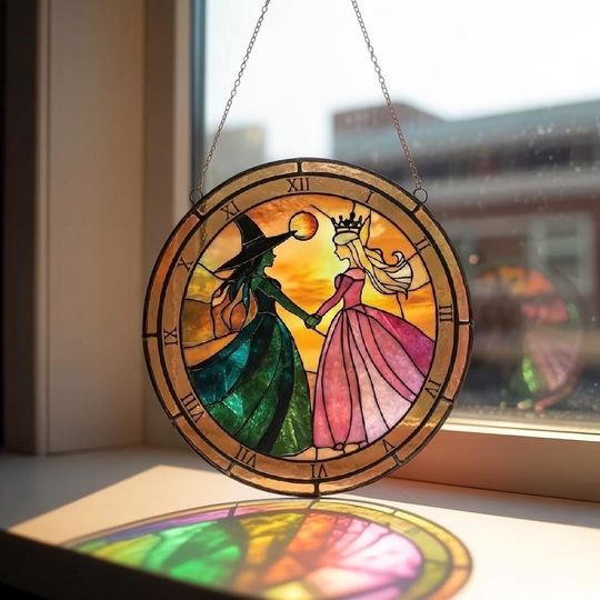 Glinda and Elphaba Stained Glass Suncatcher, Good and Wicked Witch Window Art, Emerald City Fantasy Home Decor Gift