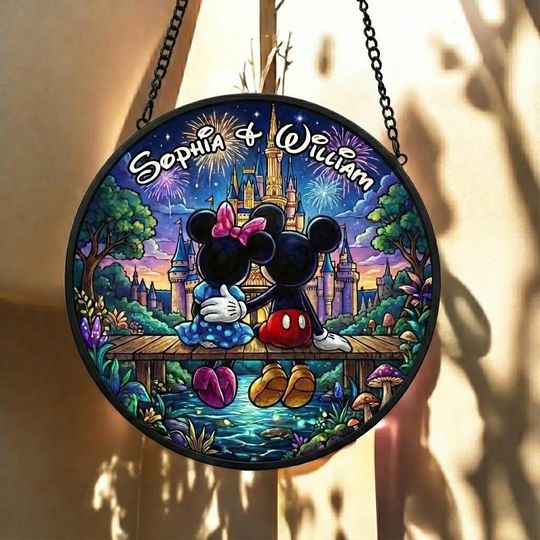 Discover Personalized Mickey Minnie Stained Glass Suncatcher, Custom Disney Couple Suncatcher, Anniversary Gift for Husband Wife