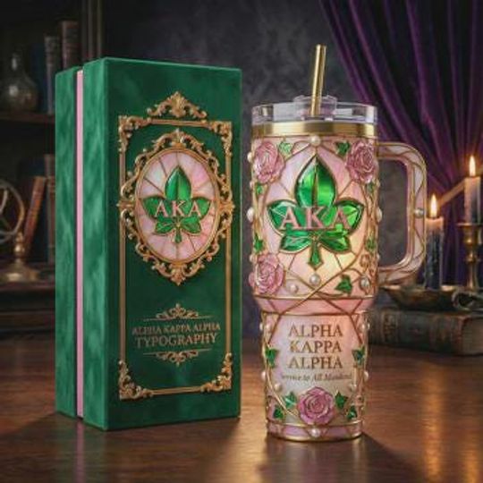 Alpha Kappa Alpha Tumbler with Handle, 40 oz Stainless Steel Mug, Pink and Green, Sorority Gift