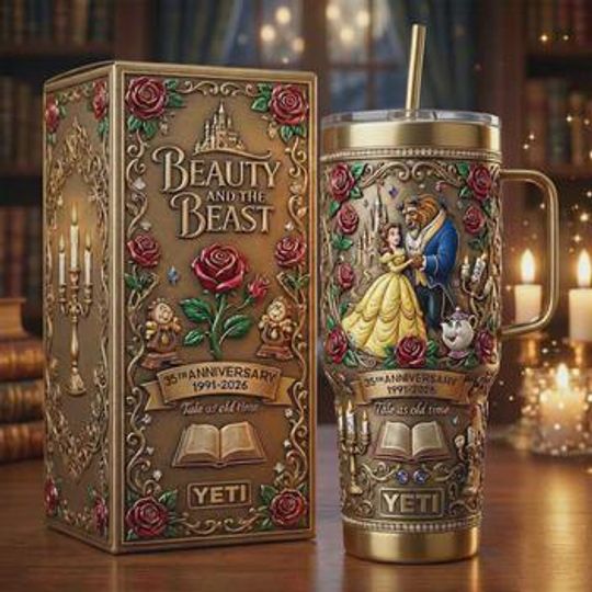Discover Beauty and the Beast Anniversary Stainless Steel Tumbler with Handle, Fairy Tale Floral