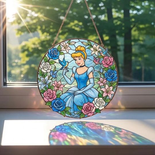 Discover Cinde Stained Glass Acrylic Suncatcher Window Hanging, Disney Princess Floral Window Decor, Fairy Tale Sun Catcher Gift