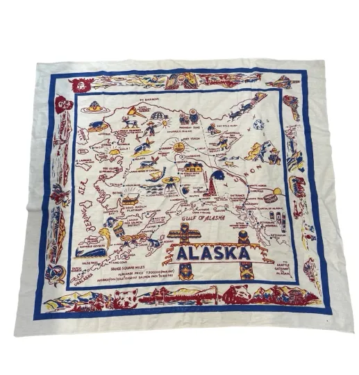 Discover VTG Majestic Alaska Map Souvenir Linen Tablecloth Handkerchief LARGE 44x49 60s