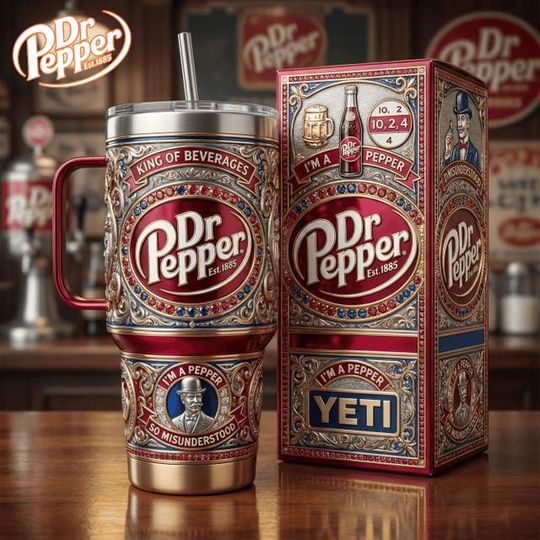 Discover Dr Pepper Stainless Steel Tumbler with Handle, Vintage Soda Collector Cup, Printed Tumbler