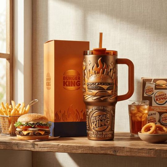 Discover Burger King Stainless Steel Tumbler with Handle, Flame Grilled Burger Insulated Cup, 3D Printed Tumbler