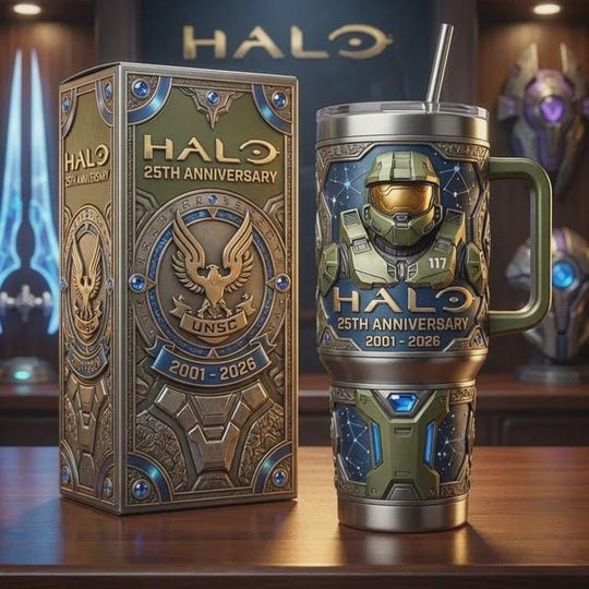 Discover Halo 25th Anniversary Stainless Steel Tumbler with Handle, Master Chief Insulated Cup, 3D Printed Tumbler