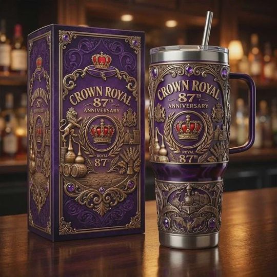 Discover Crown Royal 87th Anniversary Stainless Steel Tumbler with Handle, Luxury Whiskey Insulated Cup, 3D Printed Tumbler