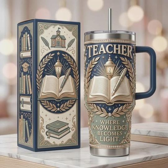 Discover Teacher Stainless Steel Tumbler with Handle, Where Knowledge Becomes Light Mug, Teacher Appreciation Gift, 3D Printed Tumbler