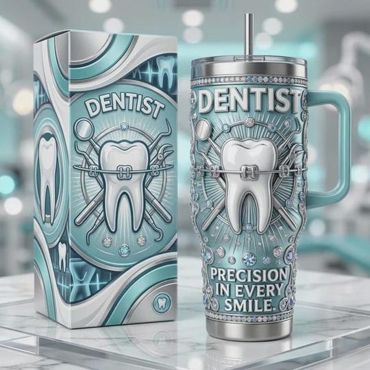Discover Dentist Stainless Steel Tumbler with Handle, Dental Tooth Mug, Dentist Gift Cup, 3D Printed Tumbler