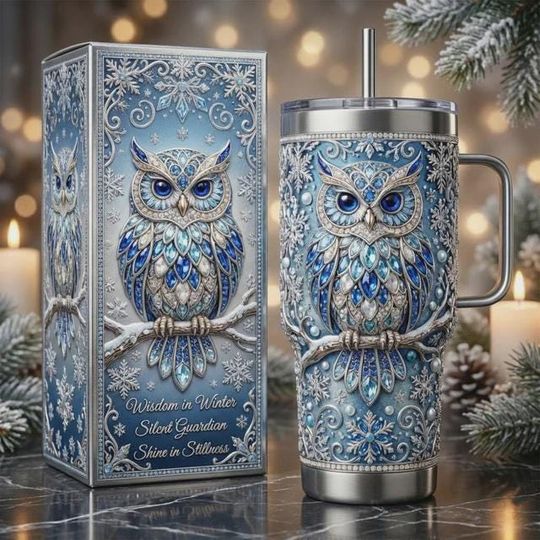 Discover Winter Owl Stainless Steel Tumbler with Handle, Blue Snow Owl Mug, 3D Printed Tumbler
