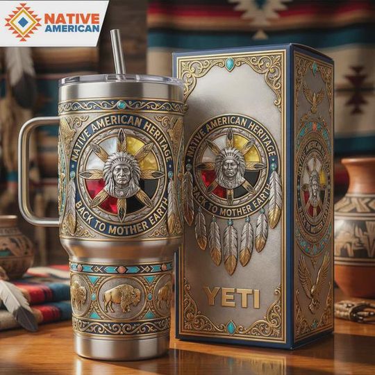 Discover Native American Heritage Stainless Steel Tumbler with Handle, Back to Mother Earth Tribal Cup, Cultural Art Gift