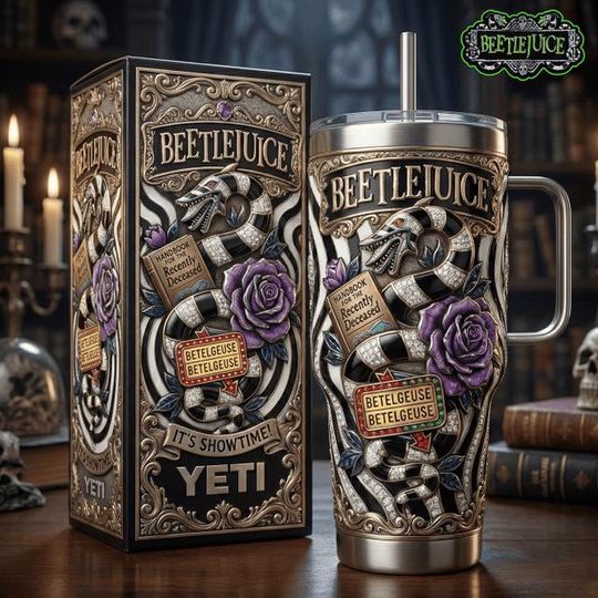 Discover Beetlejuice Stainless Steel Tumbler with Handle, Gothic Horror Movie Insulated Cup, Beetlejuice Fan Gift