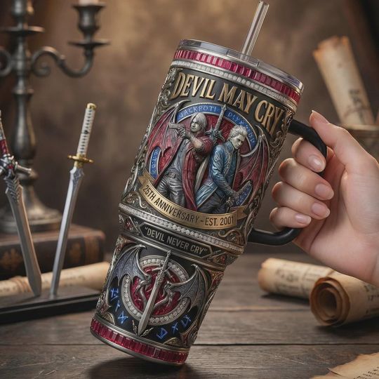 Discover 40oz Dark Demon Hunter 3D Printed Tumbler With Handle, Gothic Fantasy Stainless Steel Insulated Travel Mug