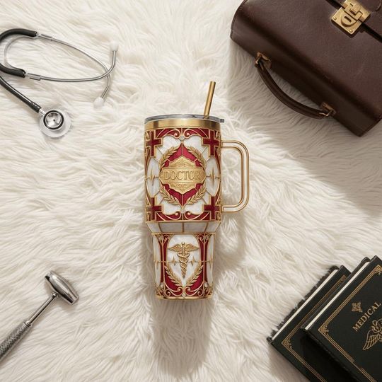 Discover 40oz Doctor Luxury 3D Printed Tumbler With Handle, Medical Gold Red Stainless Steel Insulated Travel Mug