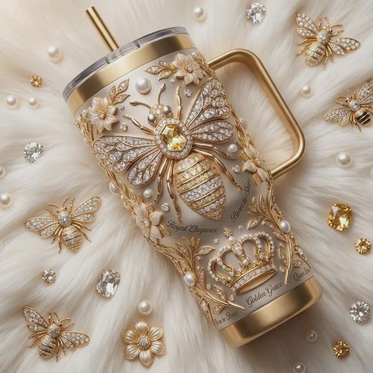 Discover 40oz Golden Bee 3D Printed Tumbler With Handle, Luxury Floral Stainless Steel Insulated Travel Mug