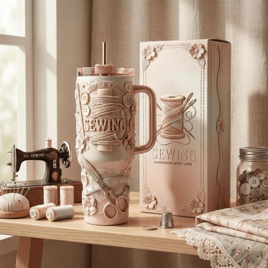 Discover 40oz Sewing Tumbler With Handle, Craft Lover Stainless Steel Cup, Handmade Sewing Theme Gift