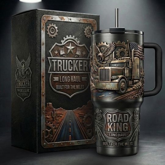 Discover 40oz Truck Driver Tumbler With Handle, Road King Long Haul Stainless Steel Cup, Gift for Truck Lovers