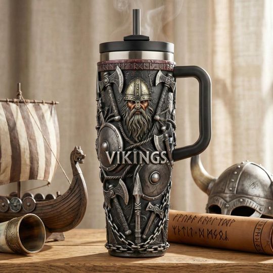 Discover 40oz Viking Tumbler With Handle, Norse Warrior Stainless Steel Mug, Viking Gift for Men, Medieval Fantasy Cup