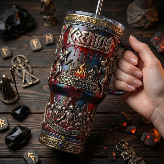Discover 40oz Dark Fantasy Metal Tumbler With Handle, Gothic Fire Art Stainless Steel Mug, Heavy Metal Style Cup