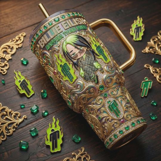 Discover 40oz Neon Green Dark Pop Aesthetic Tumbler With Handle, Luxury Music Inspired Stainless Steel Mug