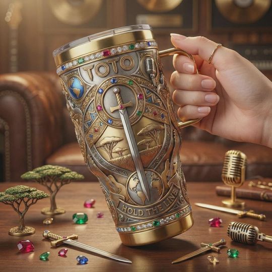 Discover 40oz Luxury World Music Fantasy Tumbler With Handle, Gold Sword Art Stainless Steel Mug