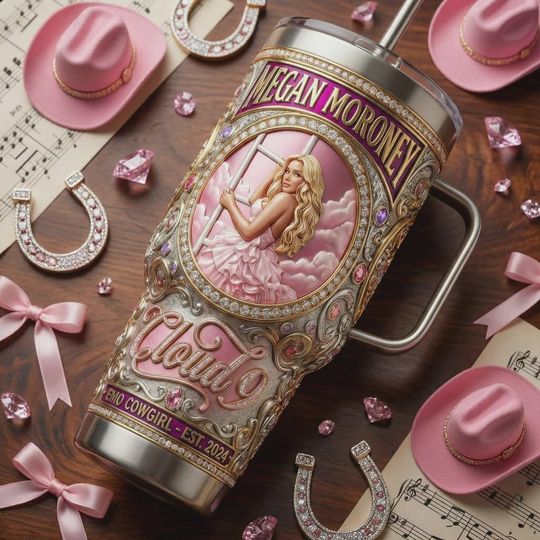 Discover Luxury Pink Cowgirl 3D Embossed Stainless Steel Tumbler With Handle, Western Fantasy Insulated Mug With Straw