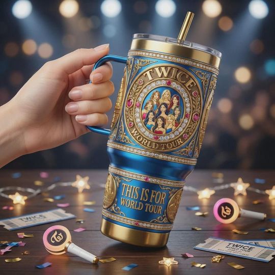 Discover Luxury Blue K-Pop Girl Group Inspired 3D Embossed Stainless Steel Tumbler With Handle, World Tour Fantasy Mug