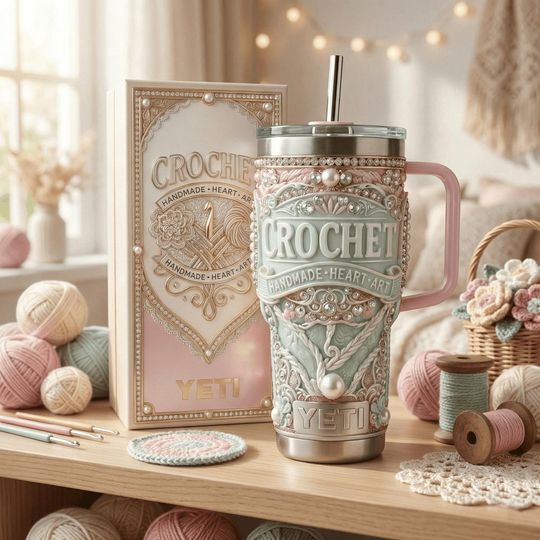Discover Crochet Lover Inspired 3D Embossed Stainless Steel Tumbler With Handle, Pastel Handmade Craft Mug