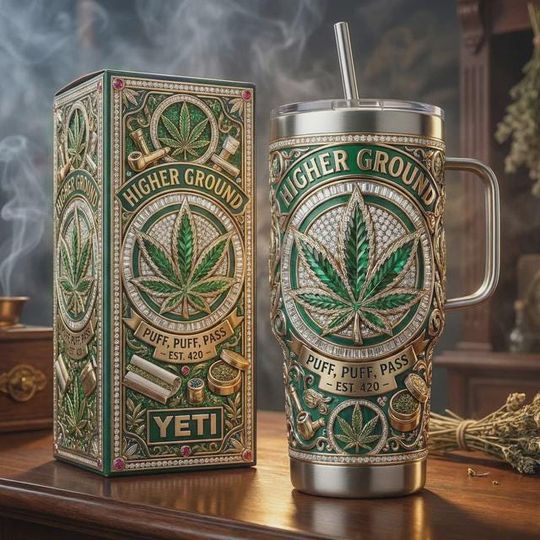Discover Higher Ground Cannabis Leaf Stainless Steel Tumbler with Handle, Puff Puff Pass Weed Cup, 420 Lifestyle Gift