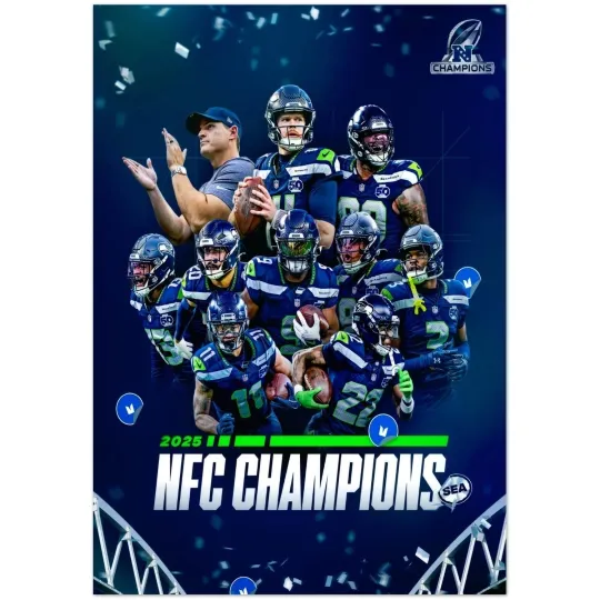 Discover Seattle Seahawks 2025 NFC Champions Team Celebration Poster