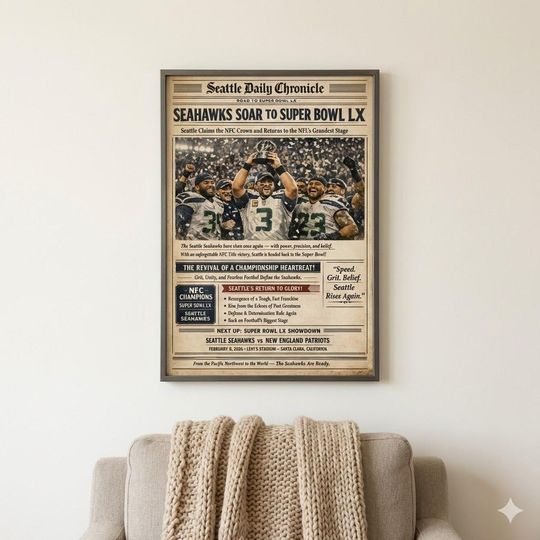 Discover Seattle Seahawks Super Bowl LX Print | Vintage Newspaper Wall Art | Football Championship Poster | Sports Decor