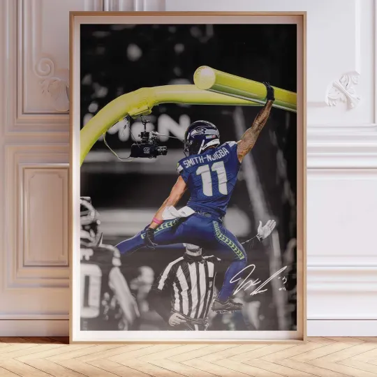 Discover Jaxon Smith-Njigba Autographed Seattle Seahawks Goalpost Jump Framed Poster Art