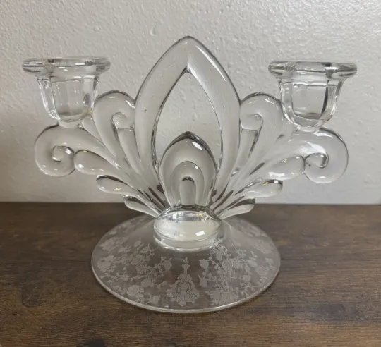 Discover Cambridge Glass Double Candlestick Candle Holder Laurel Rose Etched Vintage