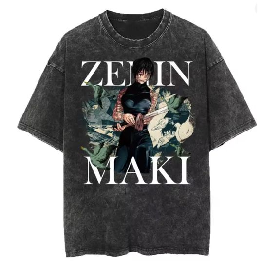 Discover Jujutsu Satoru Harajuku Anime Zenin Maki Vintage Washed T-Shirt Cotton Men's Streetwear Oversized Clothing