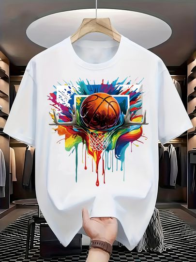 Discover Men's New Summer 100% Cotton T Shirt with Basketball Print Short Sleeved Top Suitable for Basketball Enthusiasts and Daily Wear