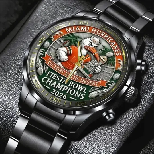 Discover Hurricanes Football 2026 Fiesta Bowl Champions Black Stainless Steel Watch