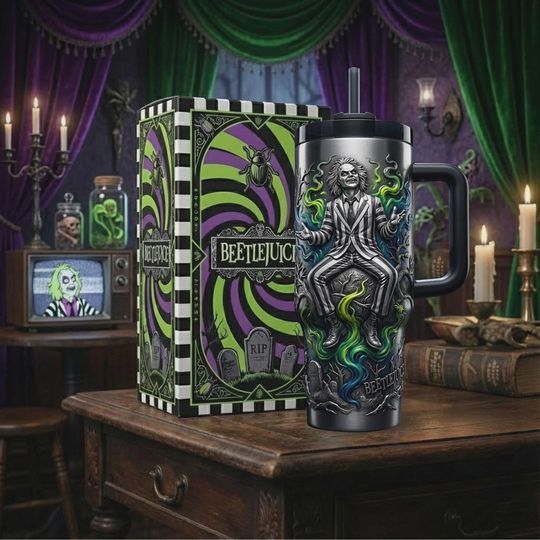 Discover Striped Ghost Character Insulated Cup 40oz Mug with Handle Horror Movie Fan Art Gift
