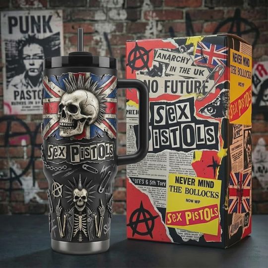 Discover Punk Rock Skull Insulated Cup 40oz Mug with Handle Union Jack Music Fan